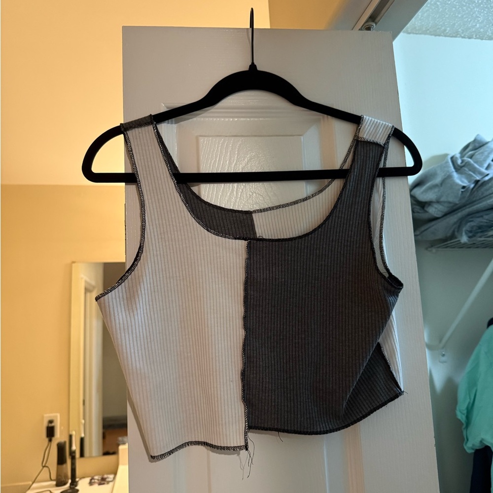 SHEIN Two-Tone Ribbed Crop Tank Top - White & Charcoal